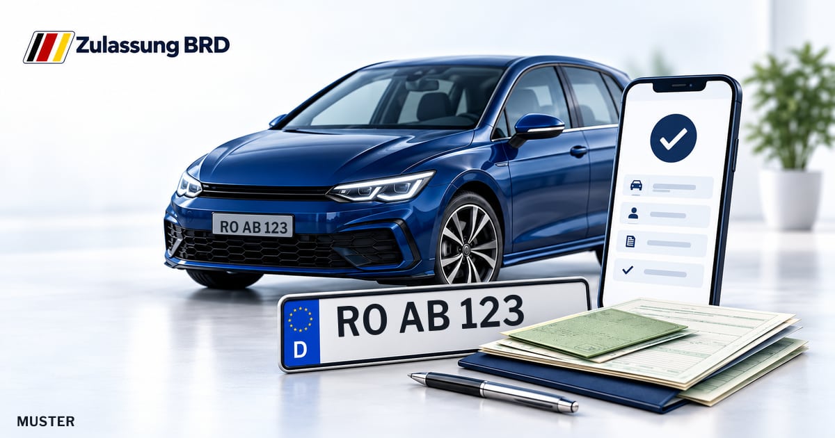 Online Fahrzeugzulassung in Prien a.Chiemsee: Musterkennzeichen RO AB 123, Auto und Fahrzeugpapiere und Smartphone. Illustration mit Logo von Zulassung BRD.